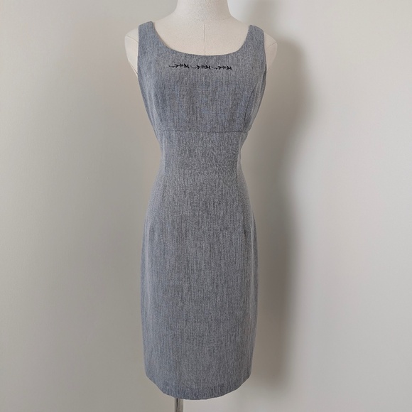 90s Mini Dress Grey Suzy Petites Pencil Embroidery Scoop High Neckline Slit - Picture 10 of 12
